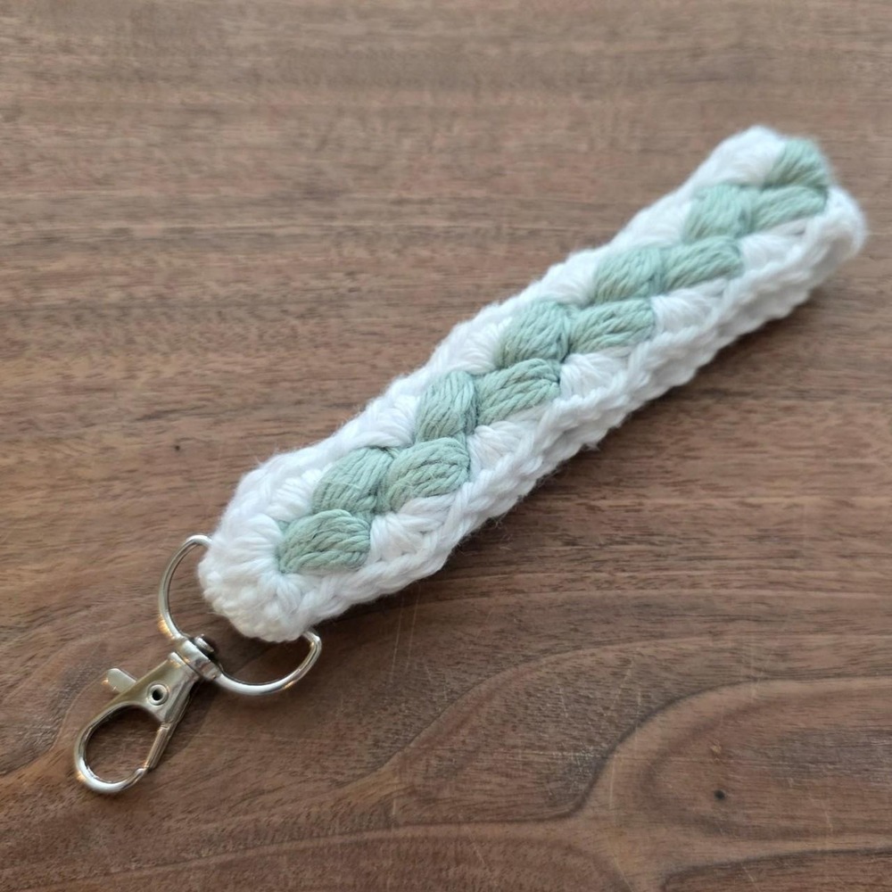 Handmade Crochet Wristlet Key Fob Lanyard Seafoam Green White Braided Puff
